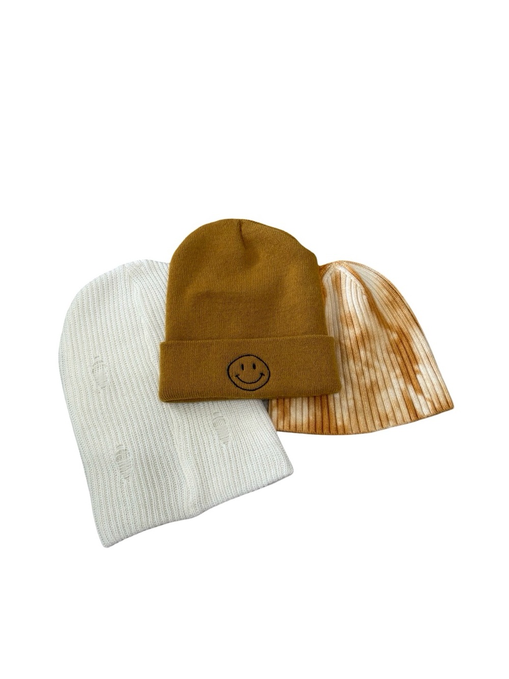3 pack fall beanie bundle with distressed, fold over, and tie dye styles